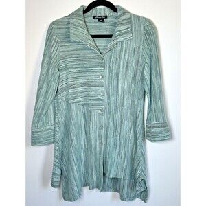 Michael‎ Tyler Womens Small Green Striped Button Front Blouse Asymmetrical Hem